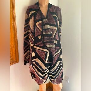 Lucky Brand Geometric Open-Front Cardigan in Plum, Black & Cream